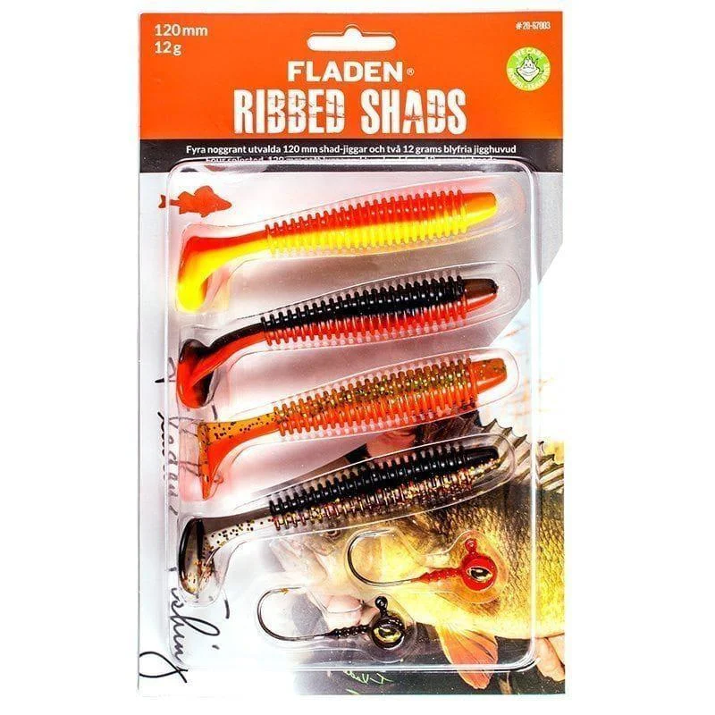 Jiggsortering Ribbed Shad 120 mm fyra jiggar, två jigghuvud12 gram Fynd