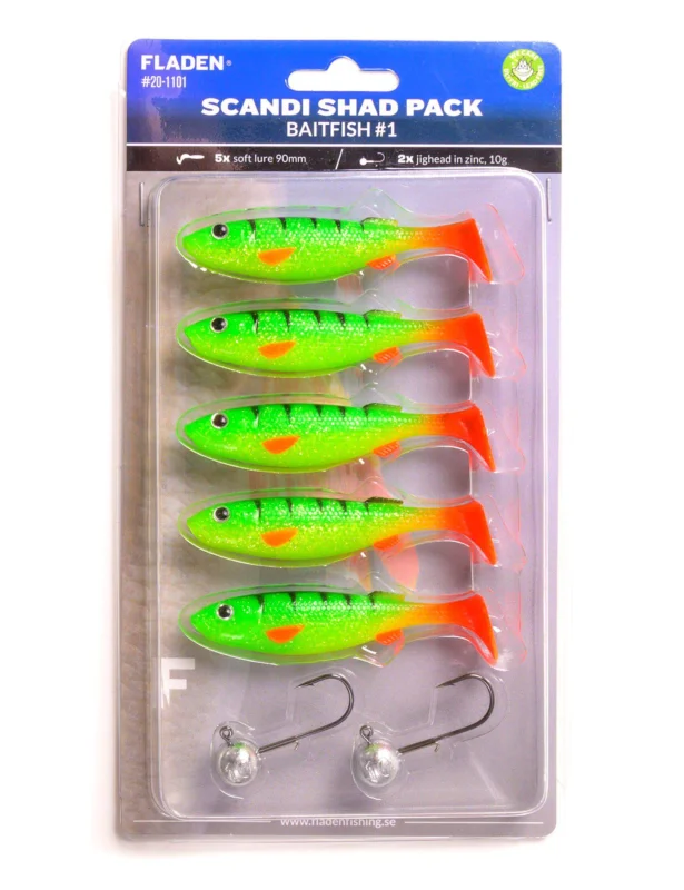 Maxximus Scandi shad pack Baitfish 9cm firetiger 5pcs 2p 10g jigheads Rabatter