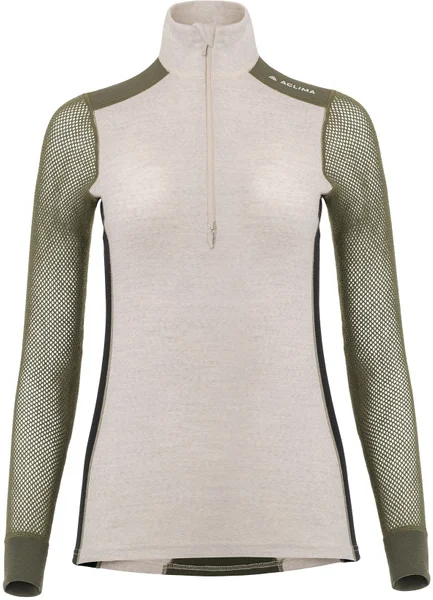 Billig Aclima WoolNet Hybrid Mockneck Woman Beige Melange/Olive Night/Jet Black